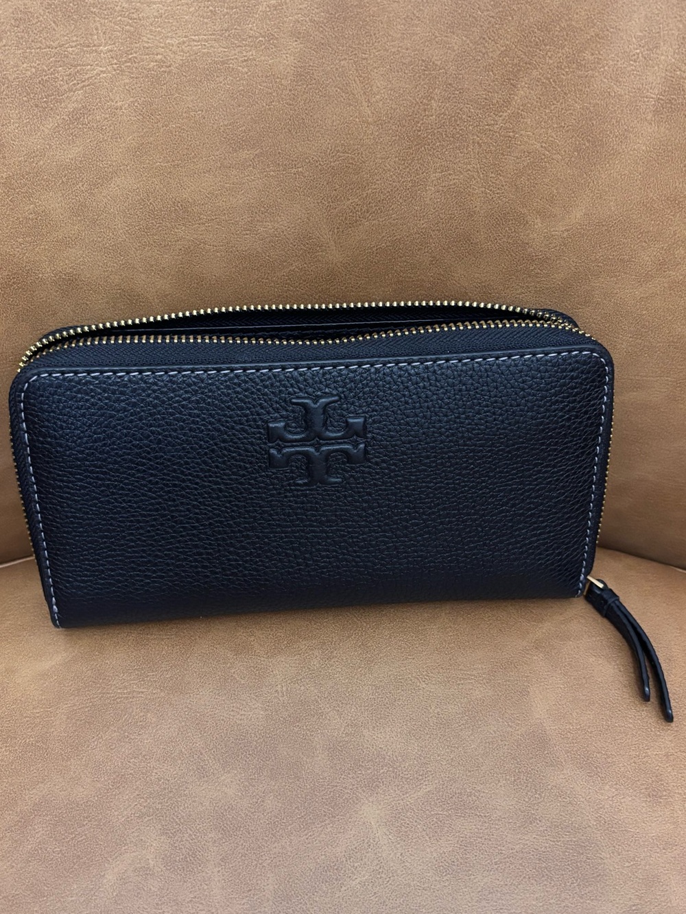 Tory Burch Thea Black Pebbled Leather Zip Around Continental Wallet w/ ID holder